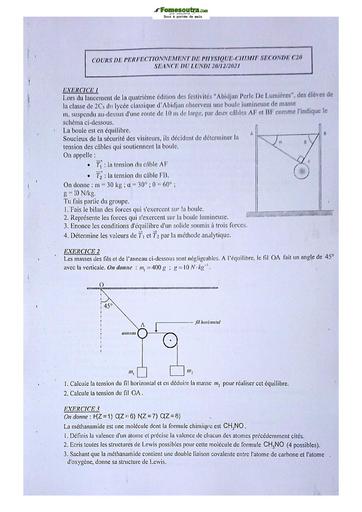 Sujet de Physique-Chimie Seconde C Lycée Classique Abidjan 2021-2022