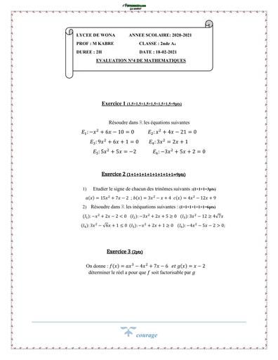 DEVOIR DE maths 4 NIVEAU 2nde LYCEE DE WONA 2021 BY TEHUA