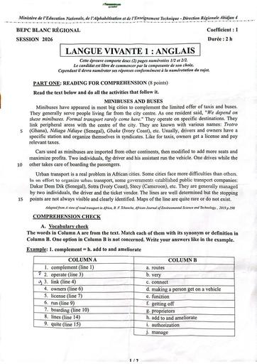 Bepc blanc 2026 dren Abidjan 4 LV1 Anglais By Tehua