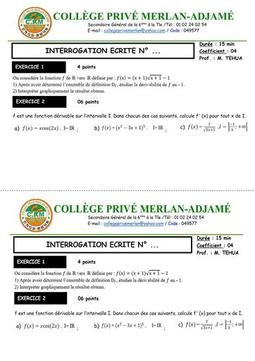 INTERROGATION ECRITE N°1 MATHS Tle D MERLAN DERIVABILITE DECEMBRE 2025 BY TEHUA