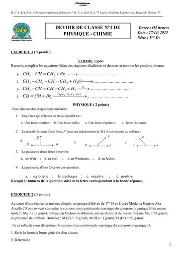 DEVOIR DE PC 1ière D ABOISSO 2024 BY TEHUA