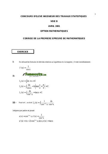 Corrigé 1ère épreuve de maths ITS B option Maths 2001 (ENSEA)