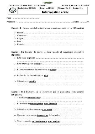 Sujet d'Espagnol Langue Vivante 1Groupe Scolaire Sainte Foi