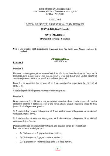 Sujet et Corrigé Maths ITS B option Economie 2015 (ENSEA)