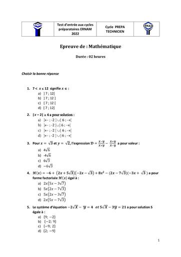 ERNAM Maths prepa Technicien 2022 by Tehua