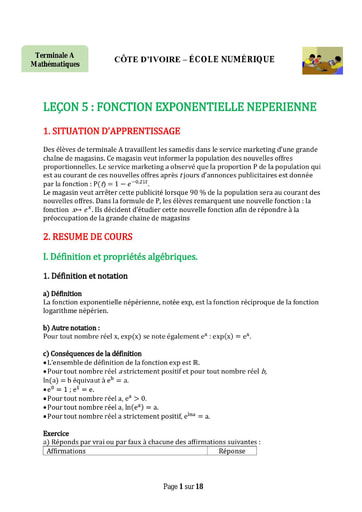 Sujets Terminale A Mathématique Fonction exponentielle