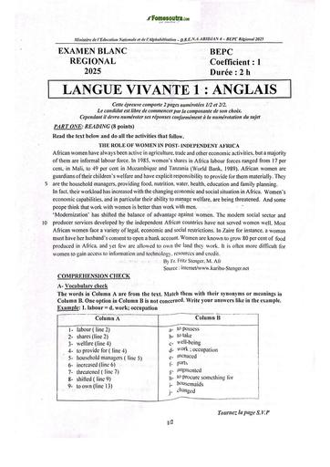 BEPC Blanc Régional 2025 – Anglais LV1 – DRENA Abidjan 4 – Sujet & Corrigé by TEHUA