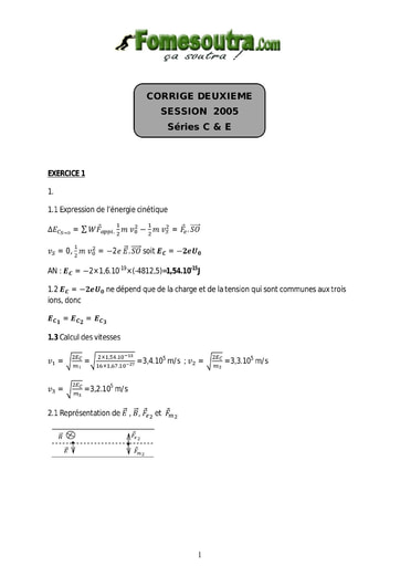 Corrigé de Physique-Chimie BAC C et E 2005 session remplacement