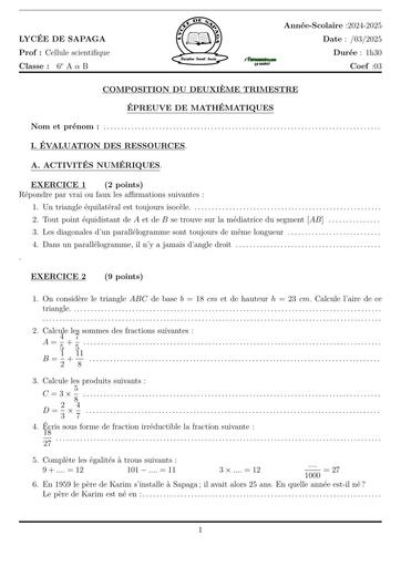 SUJET DE MATHS 6ième TRIMESTRE 2 2025 LYCEE DE SAPAGA BY TEHUA