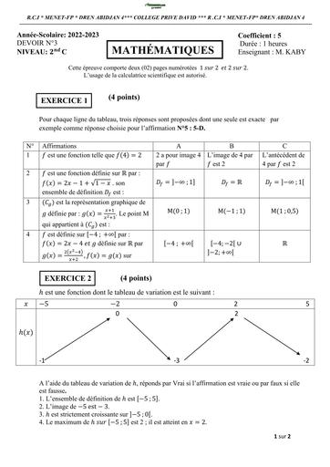 DEVOIR DE MATHS NIVEAU 2nde C CP DAVID 2023 KABY BY TEHUA