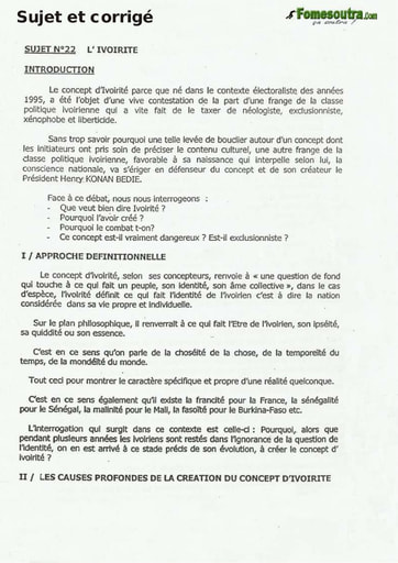 Sujet Corrigé de Dissertation: L'Ivoirité