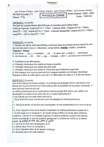 Sujet de Physique-Chimie Niveau Première D Lycée Classique Abidjan 22-23