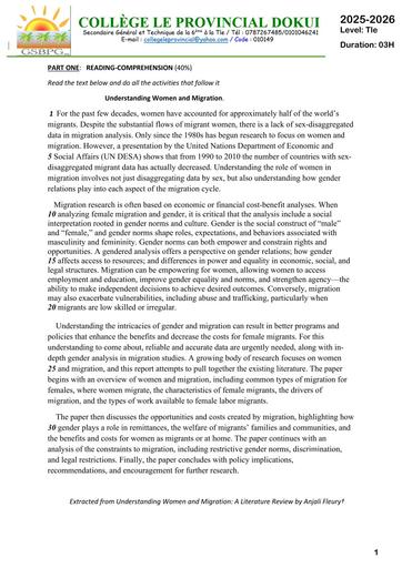 ENGLISH TEST TLe unit1 Test 2 WOMEN AND MIGRATION PROVINCIAL