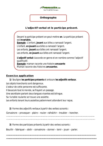 L’adjectif verbal et le participe présent - Cours CM1