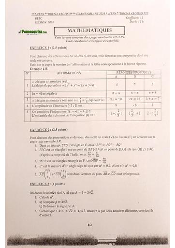 Sujet bepc blanc 2024 Maths dren Aboisso by Tehua