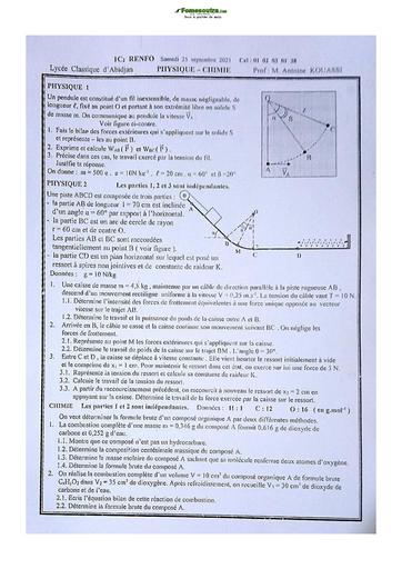 Sujet de Physique-Chimie Première C Lycée Classique Abidjan 2021-2022