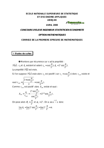 Corrigé 1ère épreuve de maths ISE option maths 2000 (ENSEA)