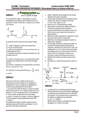 Sujet (3) de Physique portant sur le Mouvement dans un champ uniforme - Terminale C