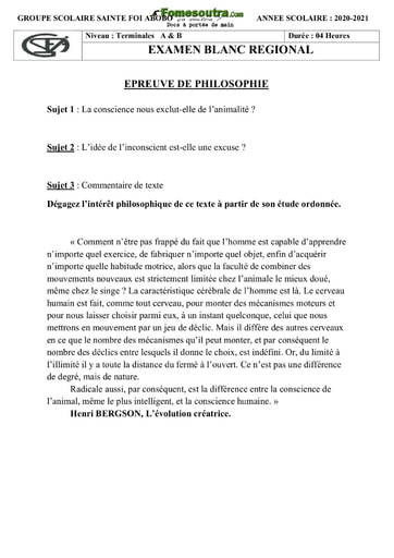 Sujet de Philosophie BAC blanc regional 2021 serie A et B