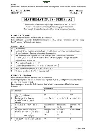 Sujet maths Bac Blanc UEMOA serie A21 2019 BY TEHUA