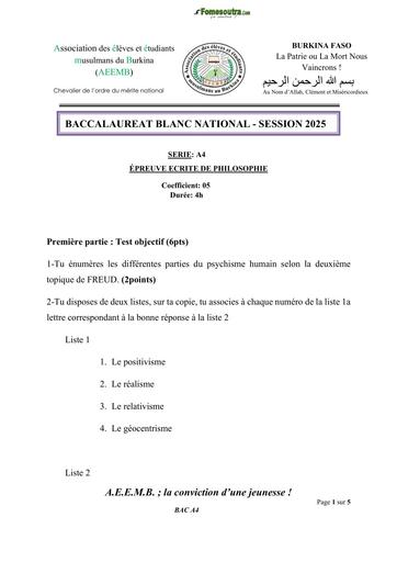 BAC BLANC 2025 SERIE A4 AEEMB SUJET PHILO BY TEHUA