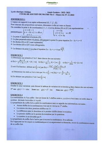 Sujets de Mathématique série C Lycée Classique d'Abidjan  2023