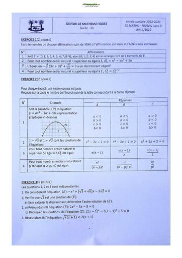 Sujet de Mathématique Première D Lycée Classique Abidjan 2022-2023