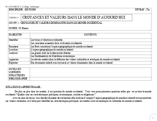 TH3 H1 TLE CROYANCES ET VALEURS DOMINANTES DANS LE MONDE OCCIDENTAL