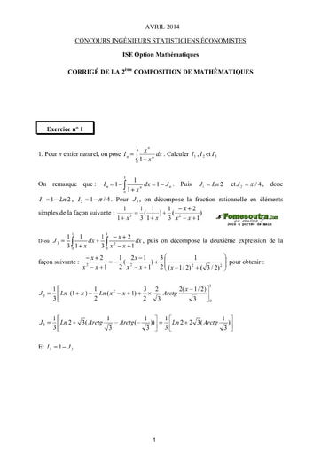 Corrigé 2ème épreuve de maths ISE option maths 2014 (ENSEA - ISSEA - ENSAE)