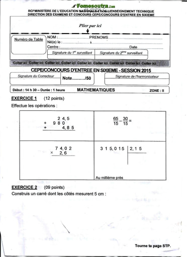 Sujet de Mathematique CEPE 2015 zone 2