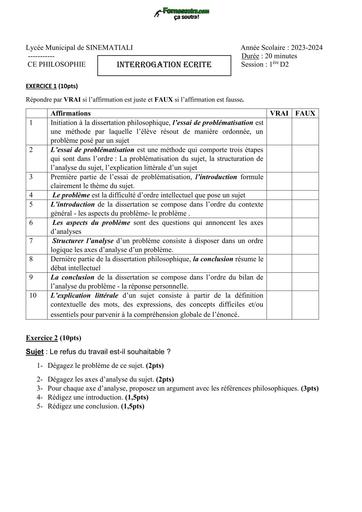 DEVOIR DE PHILO 1ière D Lycée Municipal de SINEMATIALI BY TEHUA