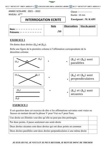 INTERRO ECRITE DE MATHS NIVEAU 6ieme COLLEGE BOCABO ET SASSOCIES ABOBO BY TEHUA