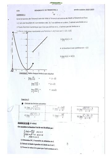 Sujet de Mathématique Première D Lycée Classique Abidjan 2023