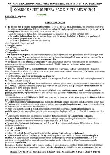 Corrigé sujet 01 prepa BAC D ELITE RENFO 2024 SVT by Tehua