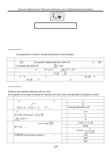 BAC BLANC REGIONAL KORHOGO 2025 MATHS SERIE C sujet BY TEHUA