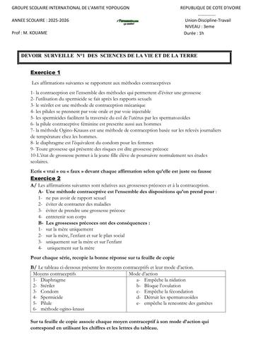 Sujet 3ième DEVOIR SVT N°1 3ème GS Inter de l'Amitié de Yopougon By TEHUA