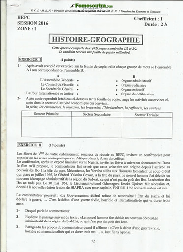 Sujet corrigé et barème d'Histoire et Géographie BEPC 2016 Zone 1