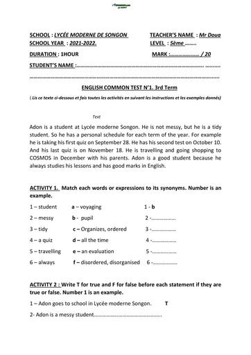 DEVOIR DE NIVEAU ANGLAIS NIVEAU 5ième by TEHUA