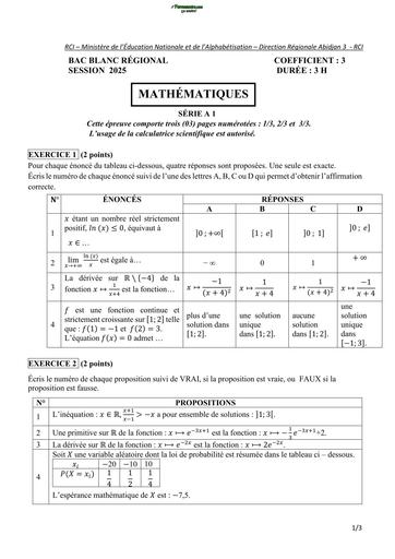 SUJET MATHS BAC BLANC A1 REGIONAL Série A1  2025 by TEHUA