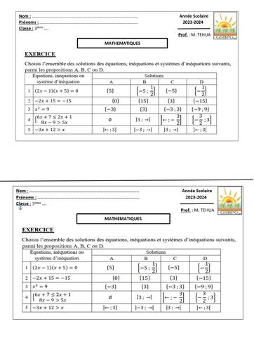 Interrogation écrire Maths 3ieme Mars 2024 by Tehua