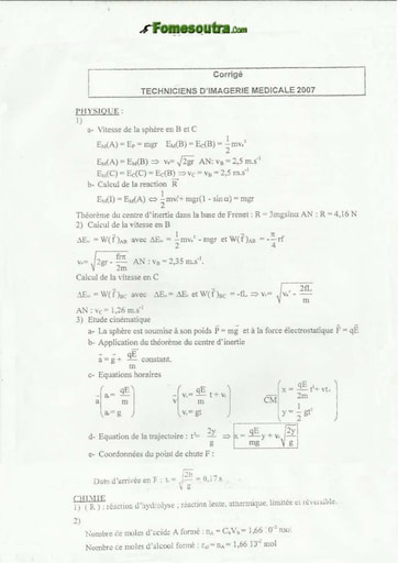 Corrigé Physique-Chimie Technicien d'Imagérie Médicale INFAS 2007