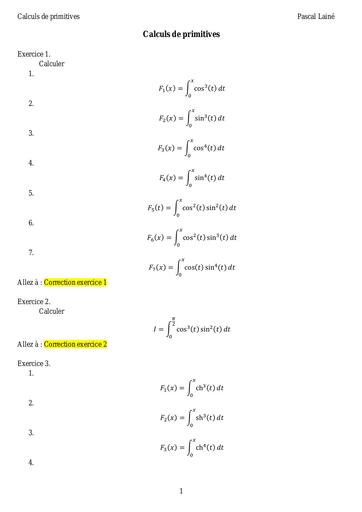 Exercices corriges calculs de primitives