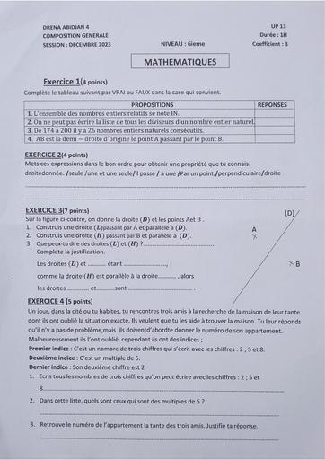Partielle de décembre 2023 Maths 6ième Up 13 Adama sanogo by Tehua