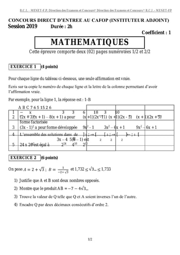 Sujet corrige maths CAFOP IA 2019