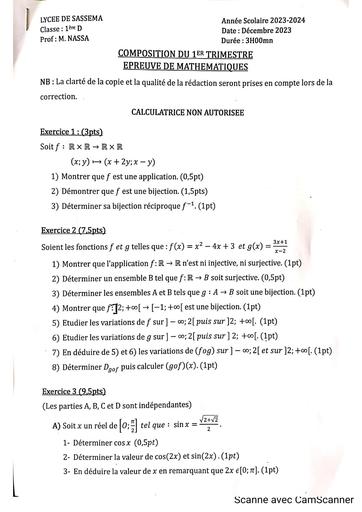 Sujet Maths de 1ière D+corrigé