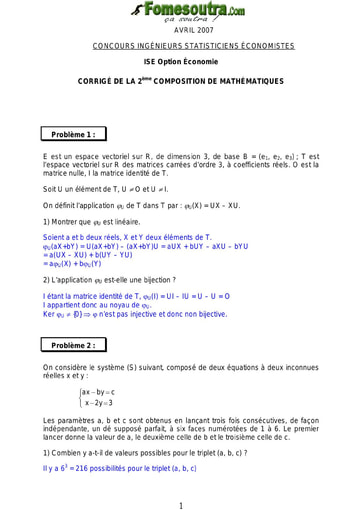 Corrigé 2ème épreuve de maths ISE option économie 2007 (ENSEA - ISSEA)