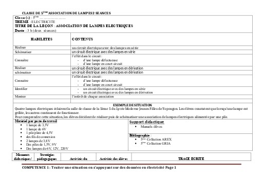 FICHE DE COURS PC 5ième ASSOCIATION DE LAMPES ELECTRIQUES  by TEHUA