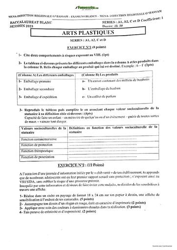 SUJET ET CORRIGE BAC BLANC 2023 ARTS PLASTIQUES SERIE A1 A2 C D REGIONAL DE BASSAM COTE D'IVOIRE