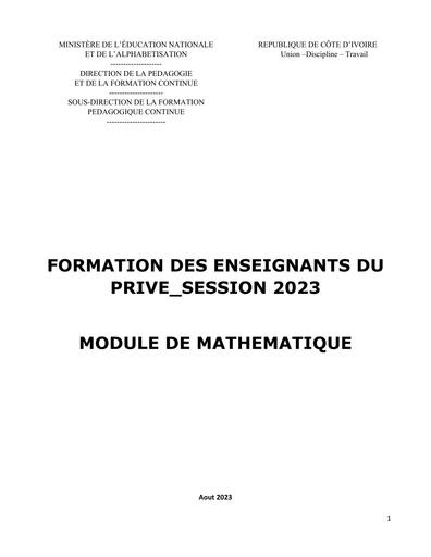 MATHS Module de formation des enseignants du privé 2023
