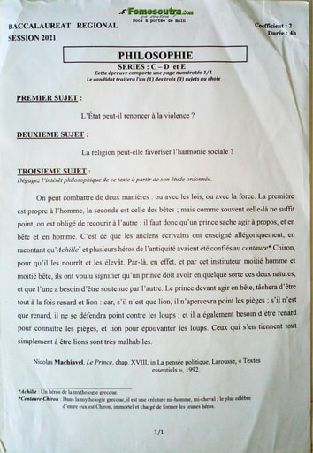 Sujet de Philosophie BAC blanc séries C - D et E 2021 - DREN Abidjan 1